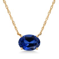 Gem Stone King 14K Yellow Gold Blue Created Sapphire Pendant Necklace for Women | 2.30 Cttw | Gemstone September Birthstone | Oval 9X7MM | With 18 inch Chain