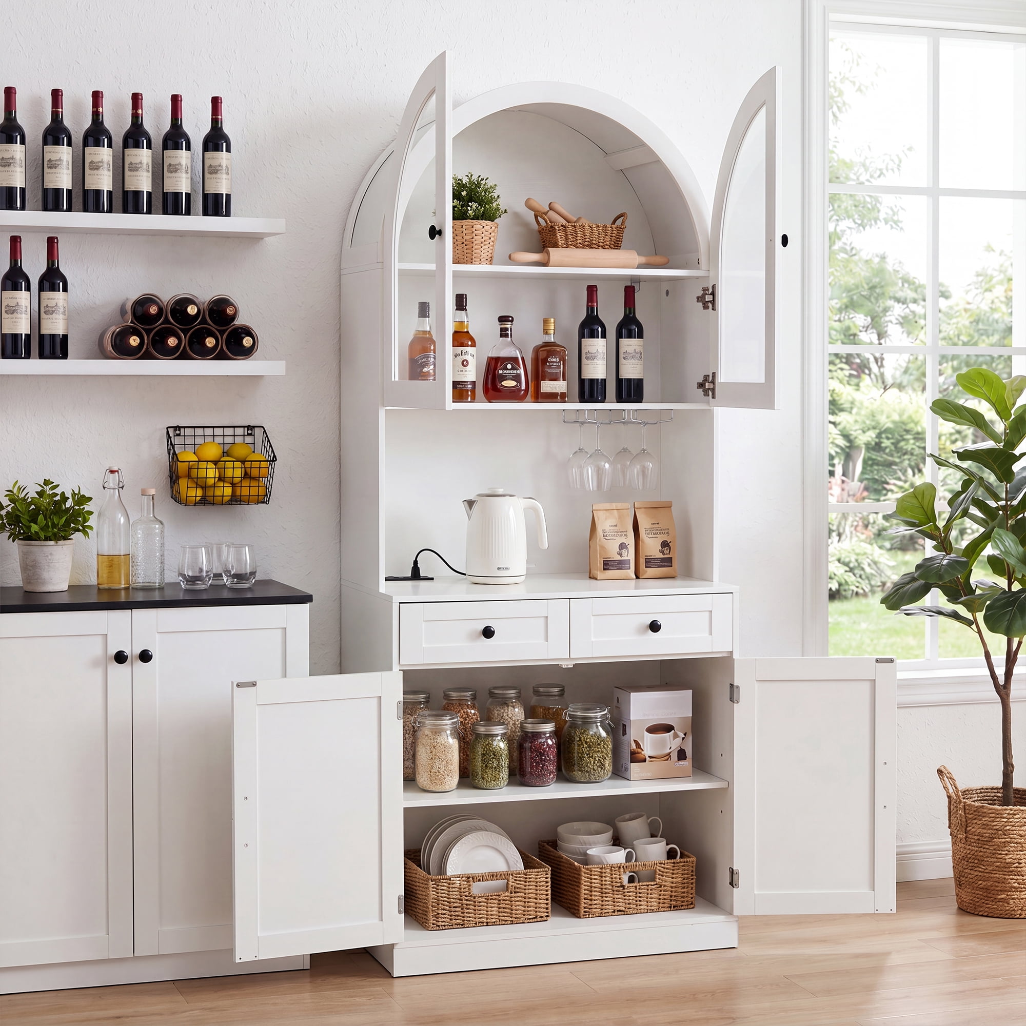 Howcool 75" Tall Farmhouse Arched Kitchen Pantry Cabinet with Built-In Charging Station,Storage Cabinet with Adjustable Shelves & Open Countertop for Kitchen,Dining Room,White