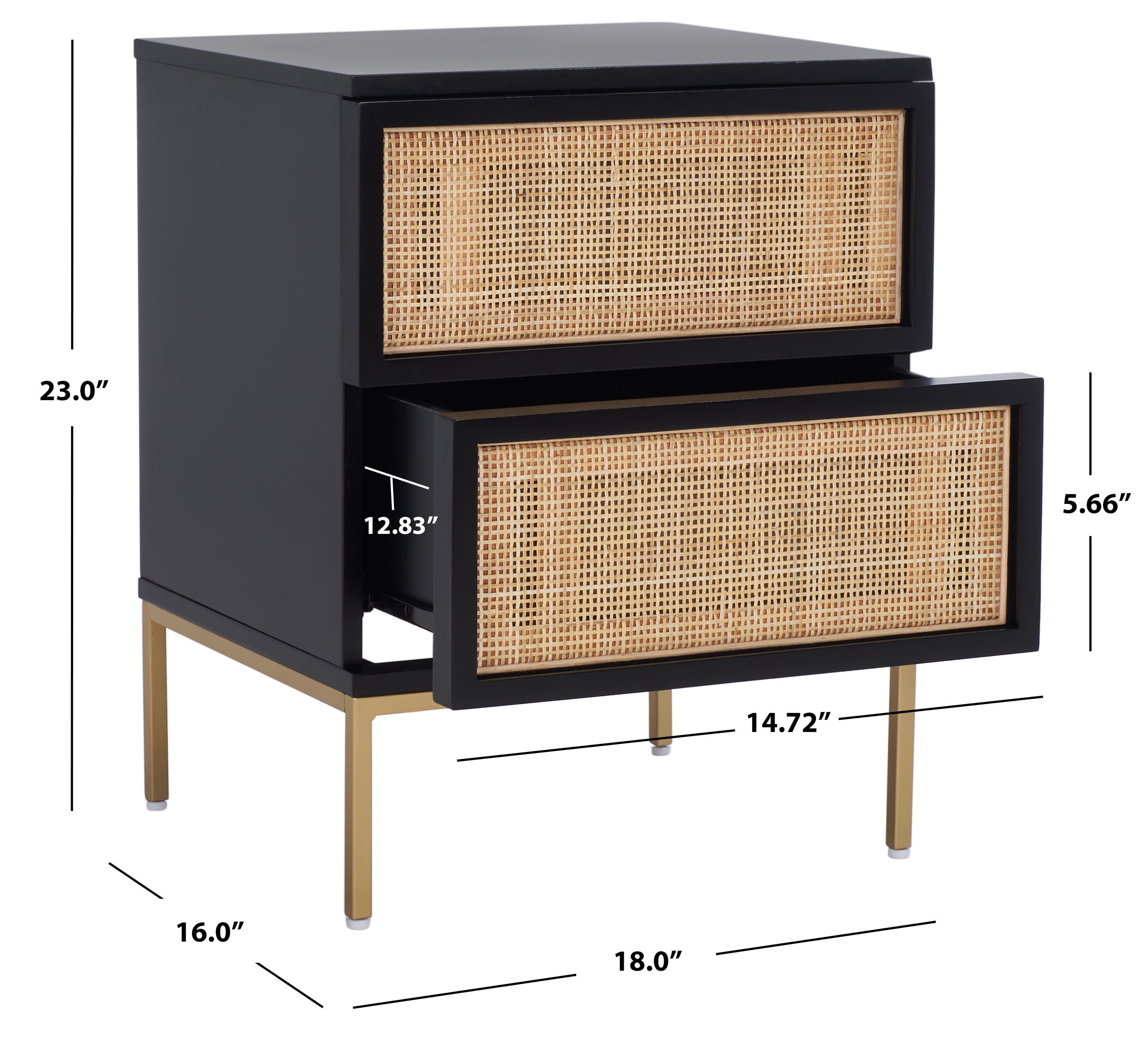 SAFAVIEH Zadie 2 Drawer Rattan Nightstand, Black w/ Natural Rattan/Gold Legs