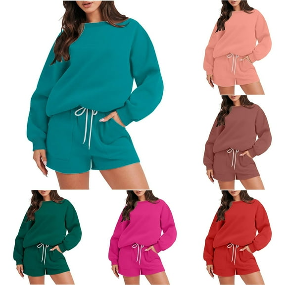 HAPIMO 2 Piece Outfits for Women Fall Winter Sweat Shorts Set Basic Solid Color Sweatshirt Workout Matching Sets Tracksuits Brown L