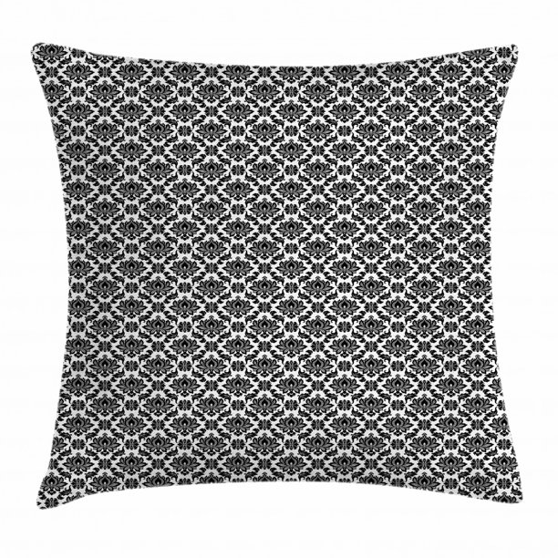 Black and White Throw Pillow Cushion Cover, Monochrome Flourishes with