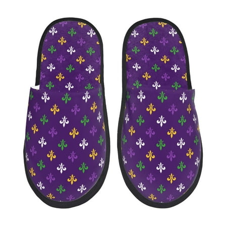 

Honeii Purple Mardi Gras print Slippers Memory Foam House Bedroom Slippers for Women and Men Fuzzy Plush Comfy Faux Fur Lined Slide Shoes-Large