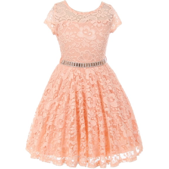 Lovely Floral Lace Rhinestones Skater Party Easter Flower Girl Dress for Big Girl Peach 14 JK19.88S BNY Corner
