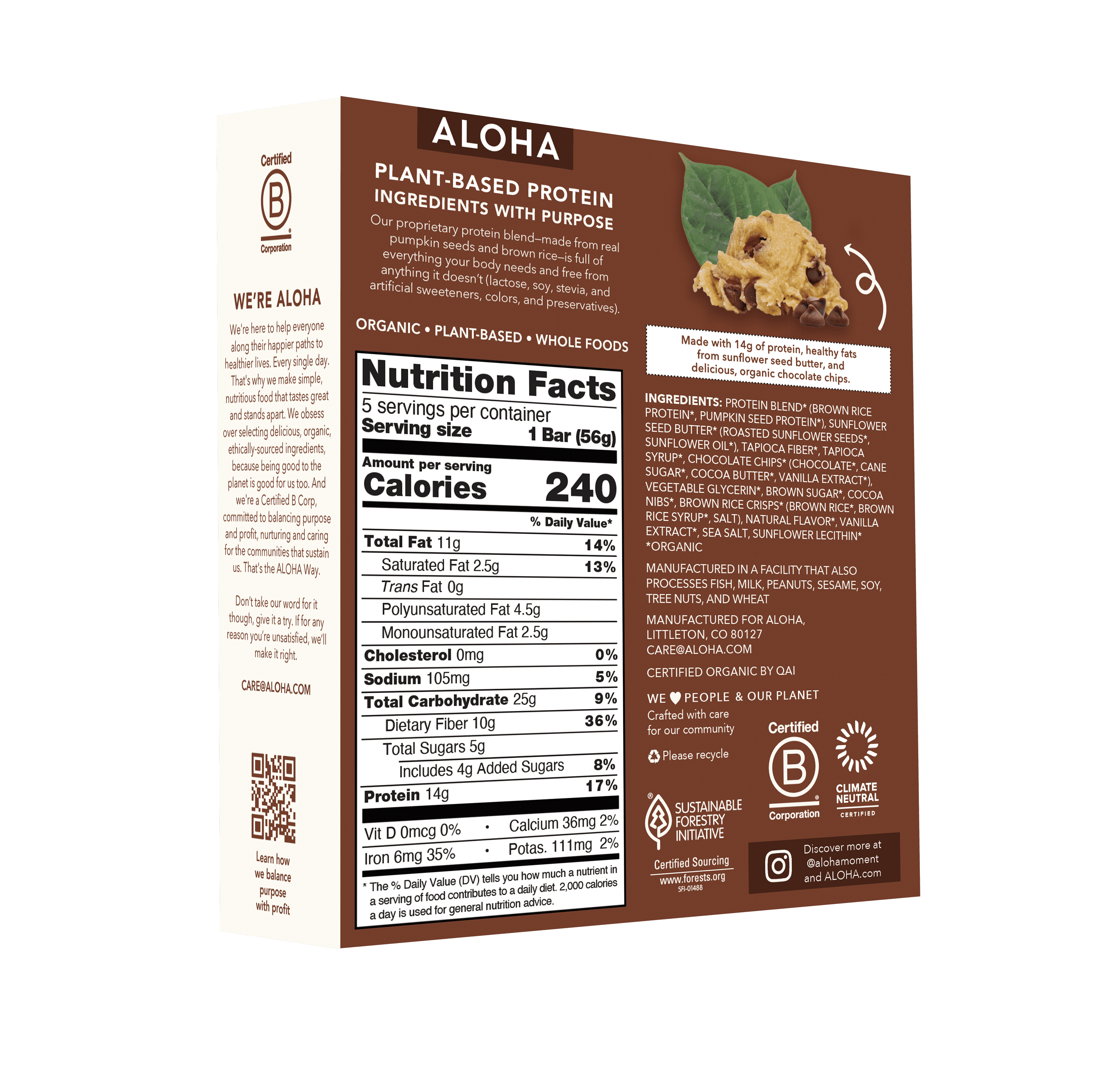 (3 pack) Aloha Plant-Based Protein Bars, 14g Protein, Chocolate Chip Cookie Dough, 5 Pack