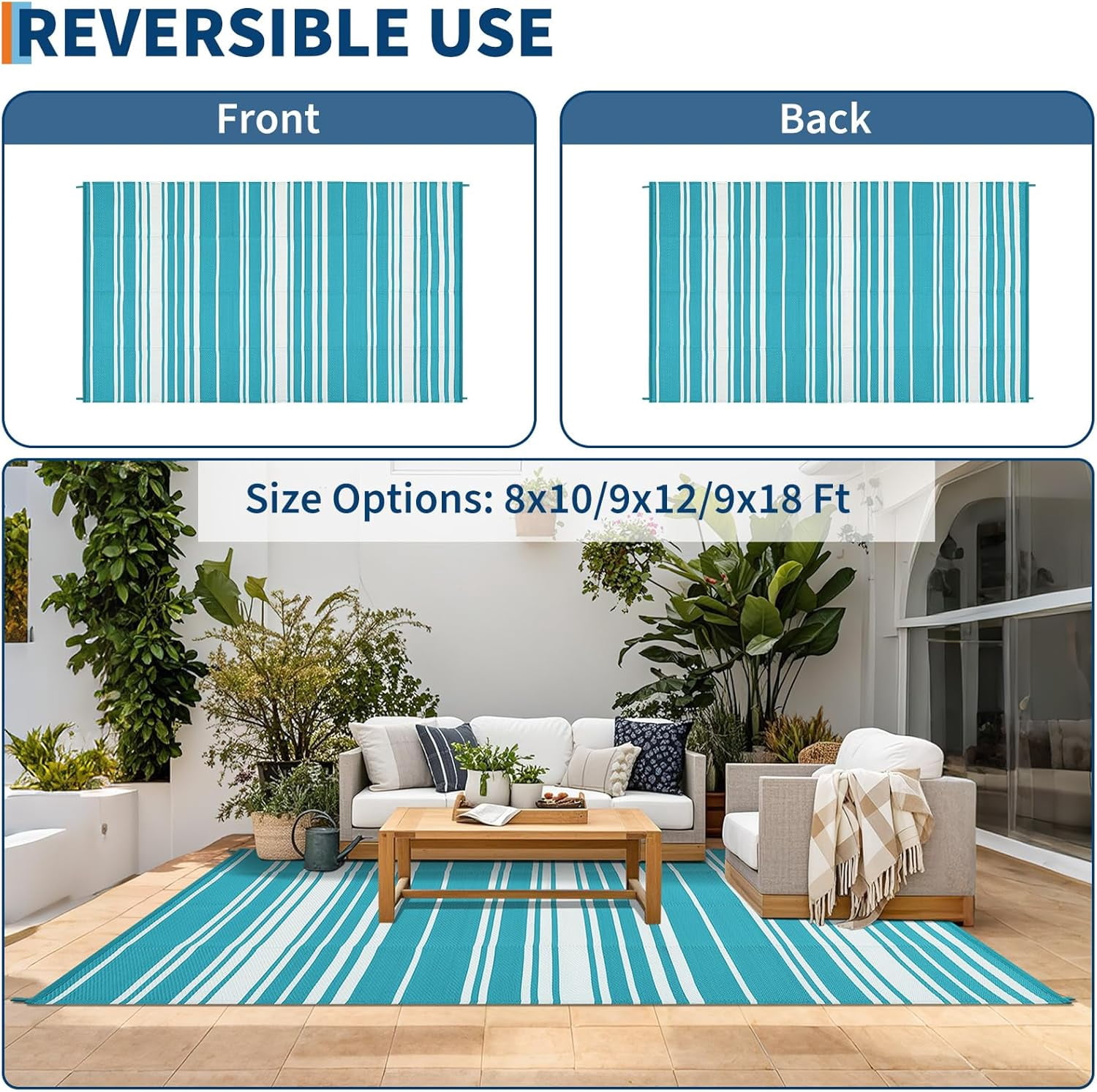 Outdoor Rug for Patio,Waterproof Mat,Reversible Plastic Striped Camping Rugs for RV,Porch,Deck,Camper,Balcony,Backyard,Beach