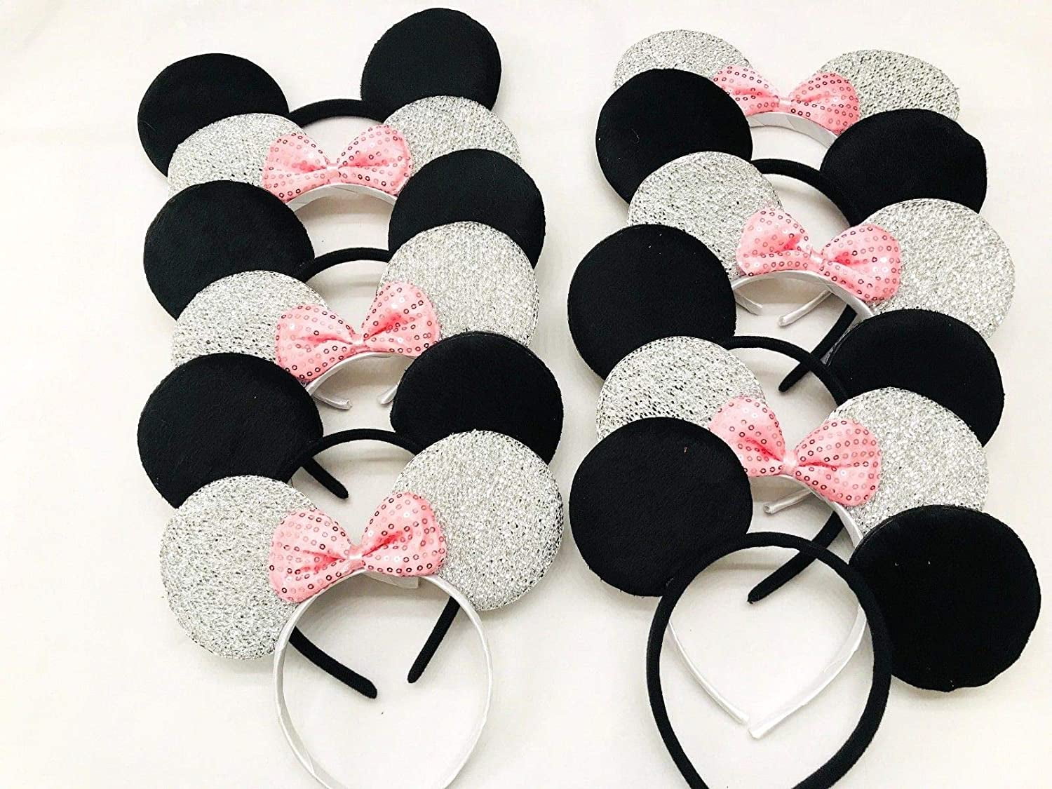 16 pcs Minnie Mickey Mouse Ears Headbands Black Shiny *Pink* Bows Party Birthday 