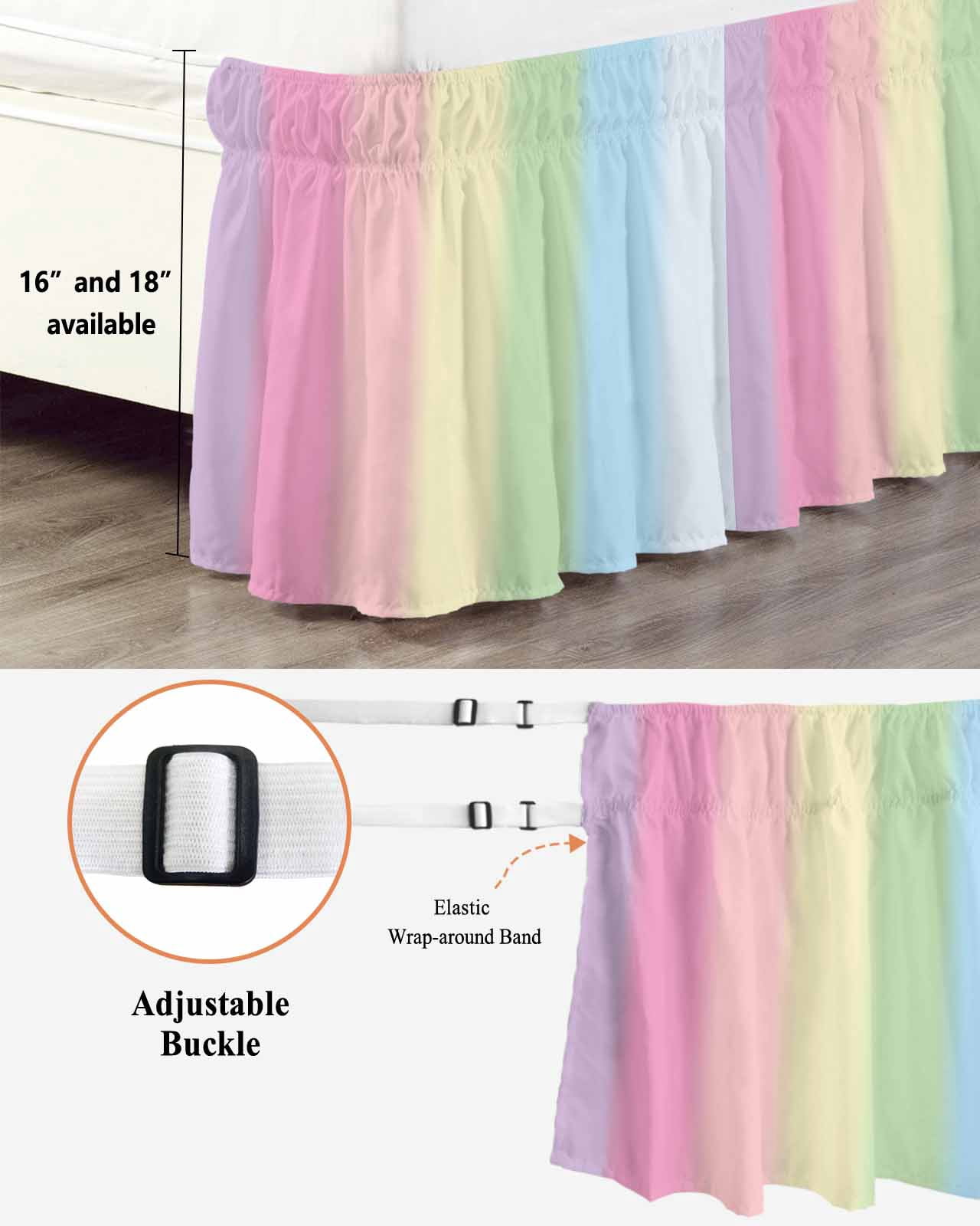 Rainbow Stripes Wrap Around Bed Skirts for Queen Bed 16" Drop,Bed Skirt with Adjustable Elastic Belt Dust Ruffle Bed Valance for Bedroom Hotel Modern Colorful Cream Striped Aesthetics Bed Frame Cover