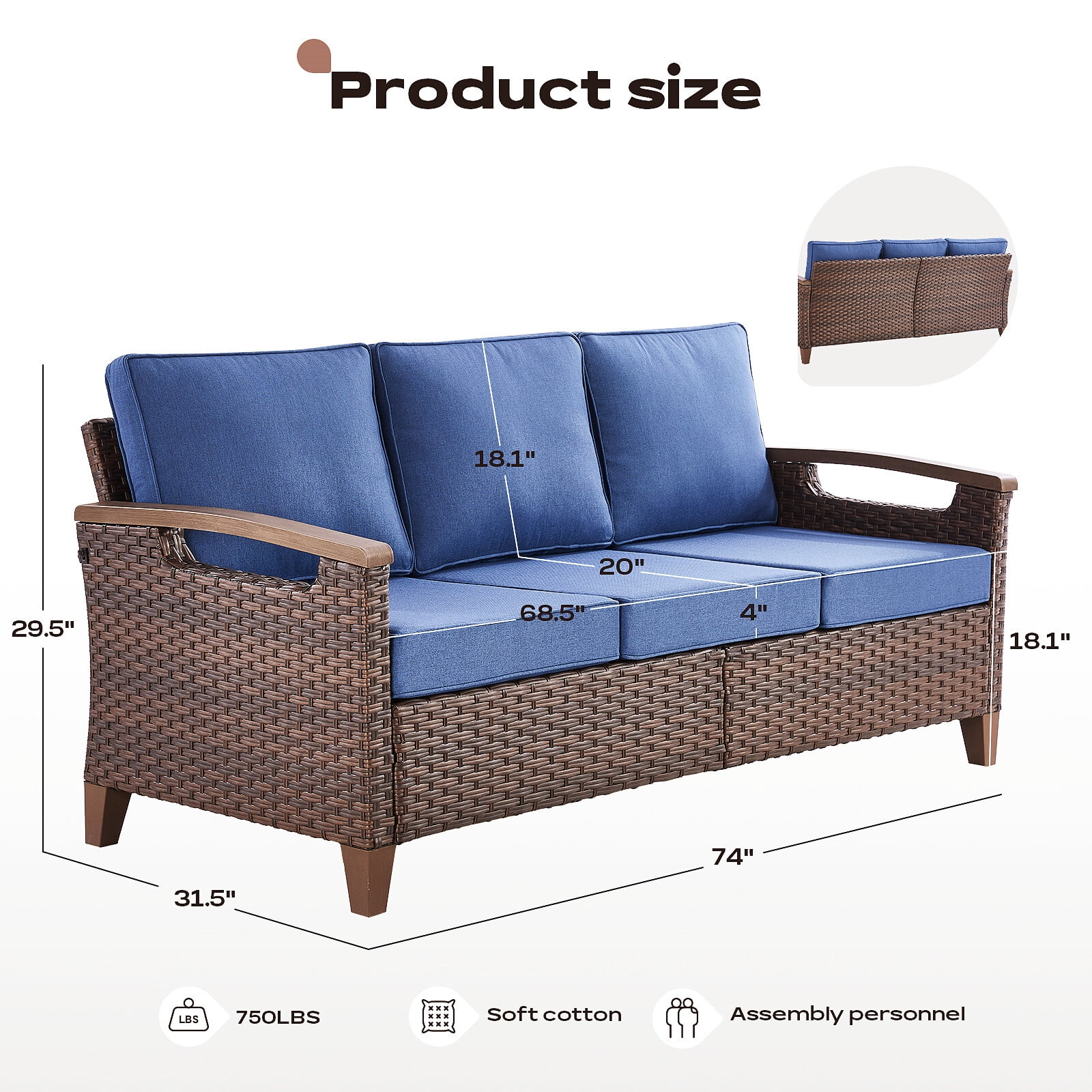 Bellefurn Wicker Patio Sofa Outdoor Couch,Patio 3 Seater Sofa Outdoor Rattan Furniture Sofa with Non-Slip Thick Cushions for Outdoor,Garden,Lawn,Backyard