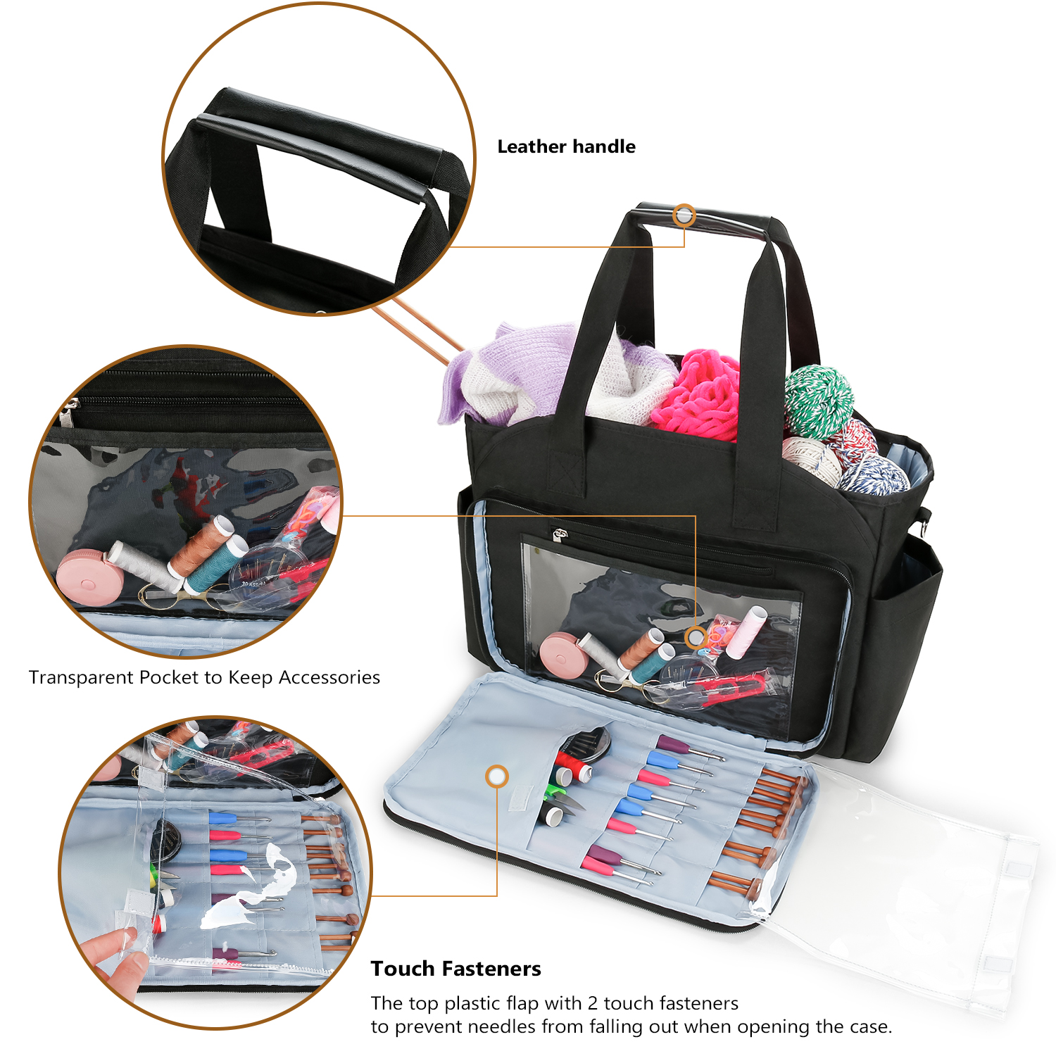 Knitting Bag Yarn Storage Tote - Yarn Storage Organizer, Crochet Organizer Bag with Crochet Hooks, Yarn Skiens, Knitting Needles and Accessories