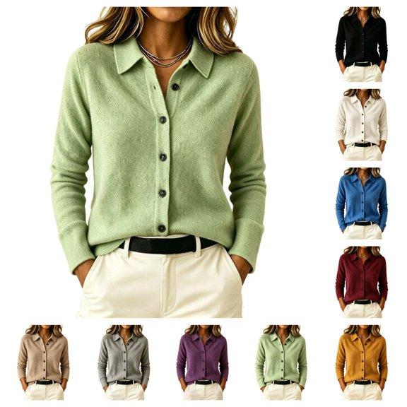 SAWOBUUN Womens Cardigan Sweaters Long Sleeve Collared Button Down Knit Lightweight Sweater Jacket Casual Fall Winter Outerwear