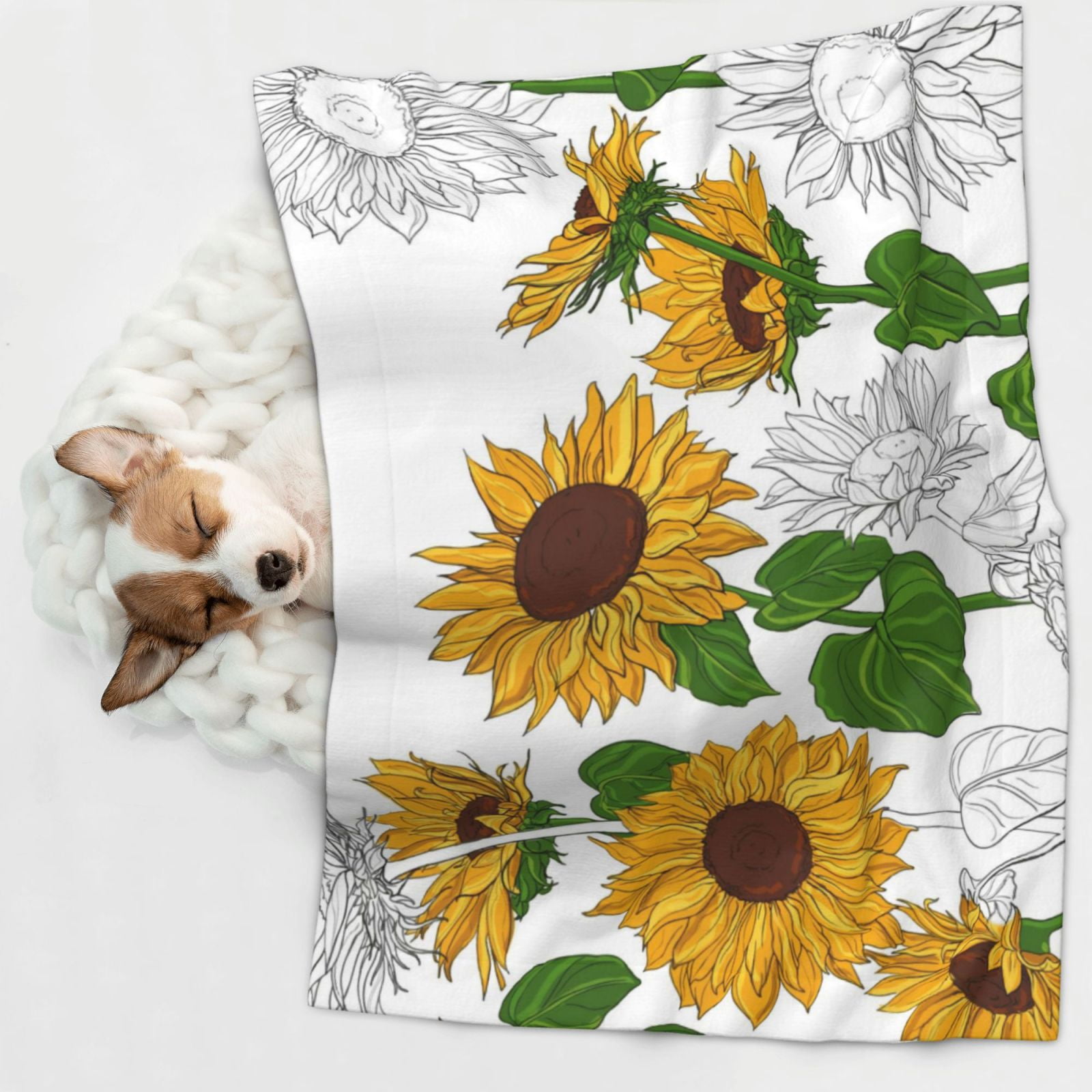 Naloa Plump Sunflower And Sketch Dog Blanket, 3 Sizes Cat Blanket for Indoor Cats Large Medium Small Dog Gifts-Large