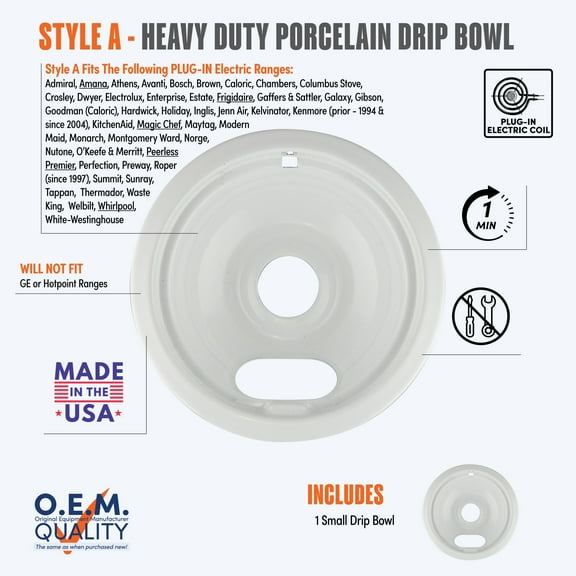 Range Kleen  White Porcelain Small Drip Bowl, Style "A".  Fits Plug-In Electric Ranges.