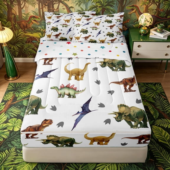 Metsweet Animal Dinosaur Zipper Twin Comforter Sets with Fitted Sheet and 2 Pillowcases, Jungle Wildlife Zipper Bedding Set, Green Brown Gray,4-Piece