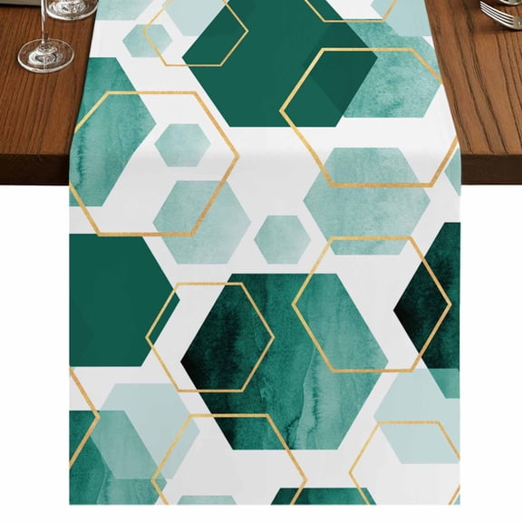 Turquoise Marble 36 Inch Table Runner, Gold White Geometric Hexagon Modern Farmhouse Dresser Scarf Cotton & Linen Tablerunner for Dining/Kitchen Island/Holiday Party Décor Small 13" x 36"