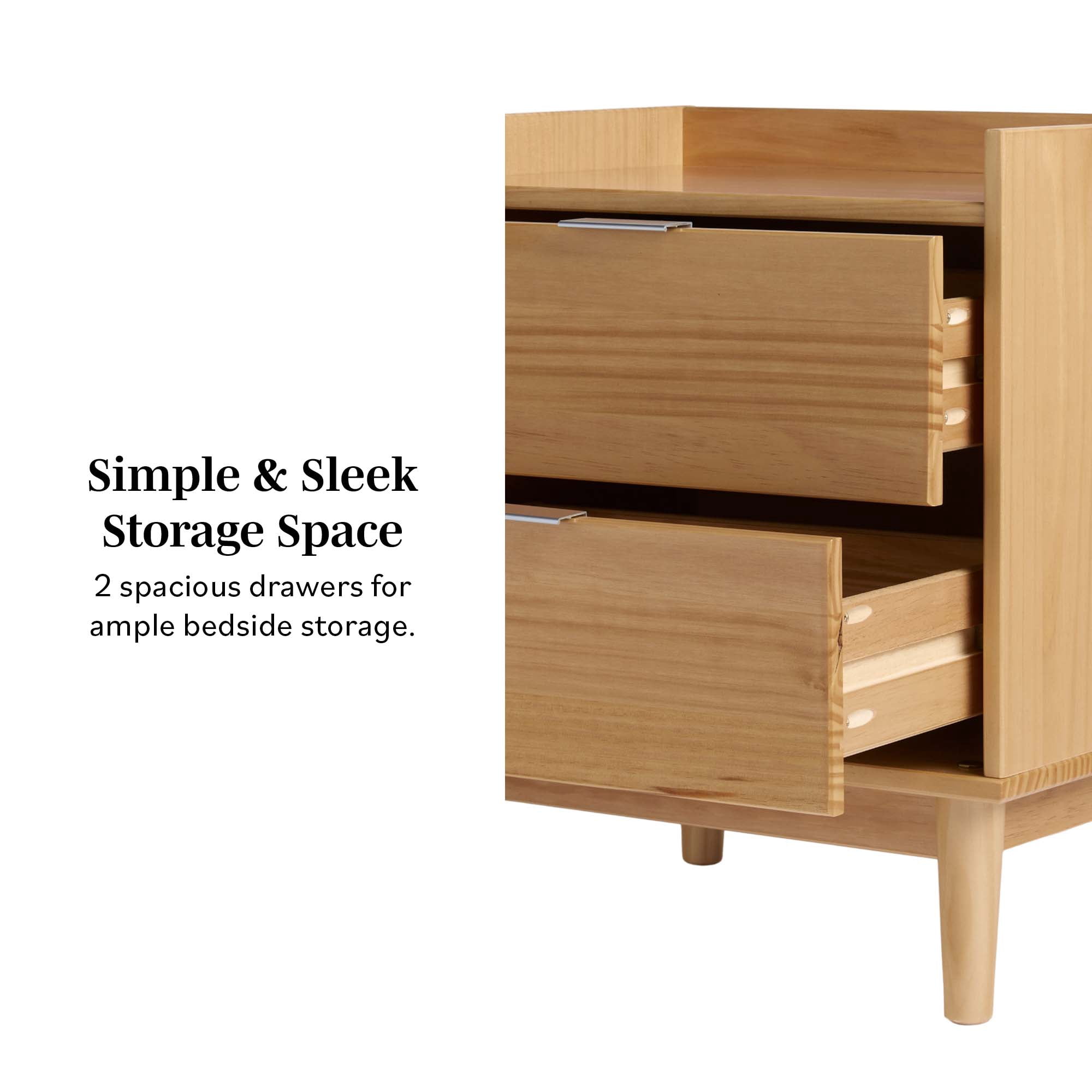 Walker Edison Mid-Century Modern Gallery-Top 2-Drawer Nightstand, 2 Pack, Natural Pine