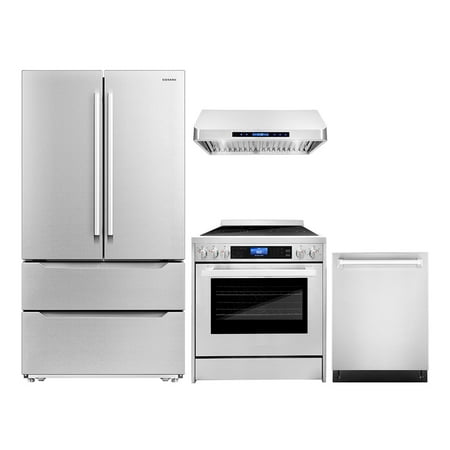 Cosmo 4 Piece Kitchen Appliance Package with 30  Freestanding Electric Range 30  Under Cabinet Hood 24  Built-in Integrated Dishwasher &amp; French Door Refrigerator Kitchen Appliance Bundles
