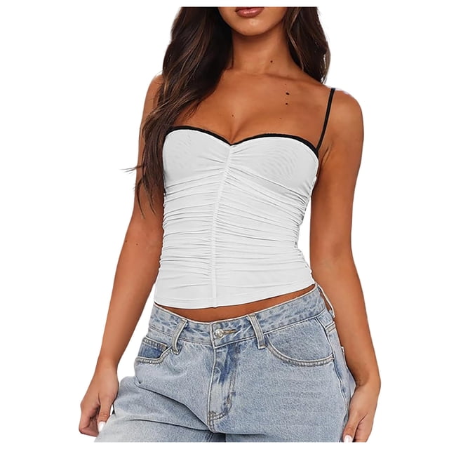 HBFAGFB Débardeurs Taille Basse pour Femmes Mode Fine Bretelle Crop Top Blouse Blanche Taille P