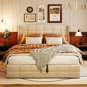 Aiho Full Lift Up Storage Bed, Full Size Bed Frame with Big Underneath Storage &Modern Wingback Headboard & No Box Spring Needed - Beige