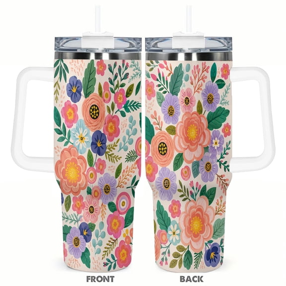 40oz Colorful Floral Print Car Tumbler with Handle and Straw Gift Stainless Steel Insulated Travel Coffee Cup for Women