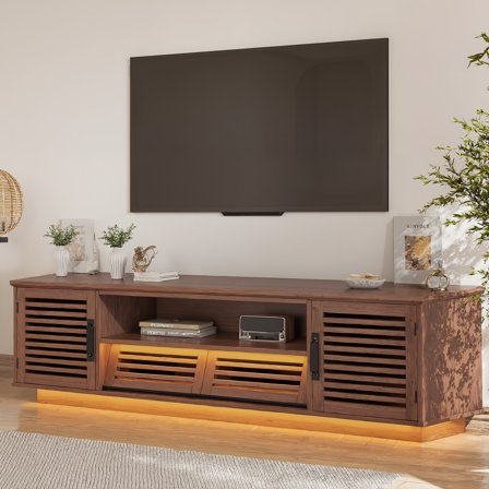 Vabches Fluted Slatted TV Stand for TVs Up To 60", Wood Entertainment Center with LED Lights, Adjustable Shelves and Drawers for Living Room, Walnut Brown