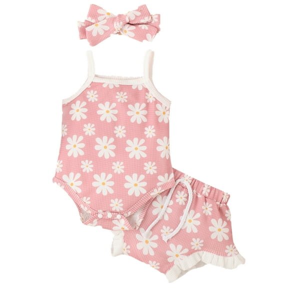 HESHENG Newborn Baby Girls Floral Summer Outfits Sleeveless Sling Romper Tops Ruffle Shorts Headband Clothes Set, Pink 0-3M(70)