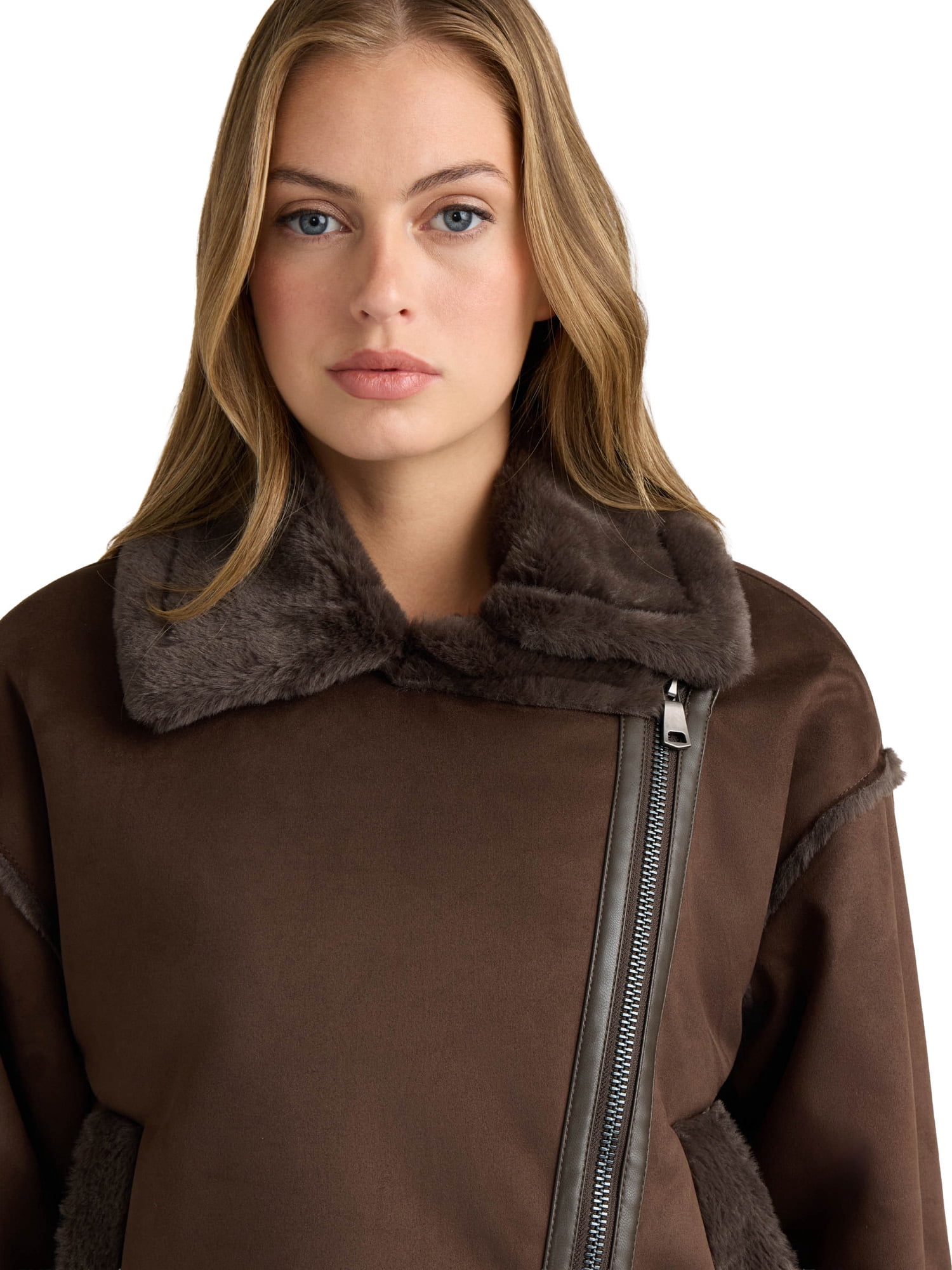 NOVELTI Womens Faux Shearling Short Zip Up Biker Jacket