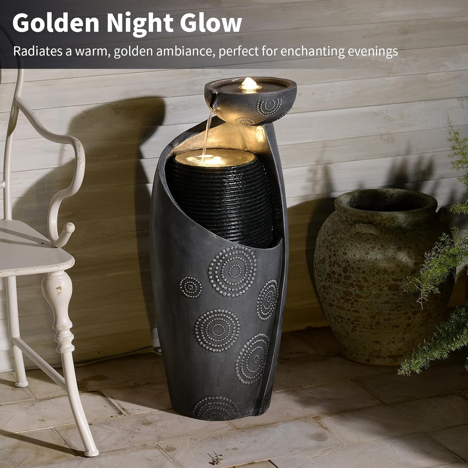 Outdoor Water Fountain Feature Indoor Garden Large Jar Floor Standing Fountains Waterfall with LED Light & Pump for Home Decor Office Yard Patio Deck Porch, 32 inches,Gray