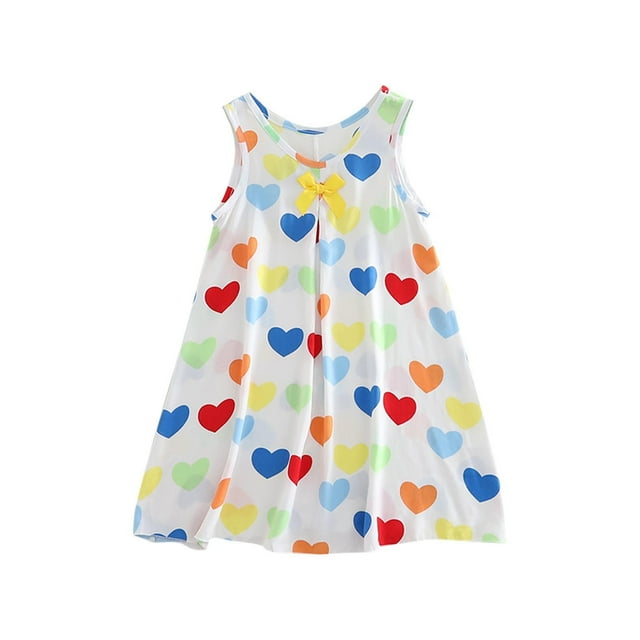 Chemises de Nuit pour Fille 1-14 Ans Chemises de Sommeil en Coton Vêtements de Nuit Été Sans Manches Col Rond Imprimé Nœud Ample et Confortable Robe de Climatisation Blanc A
