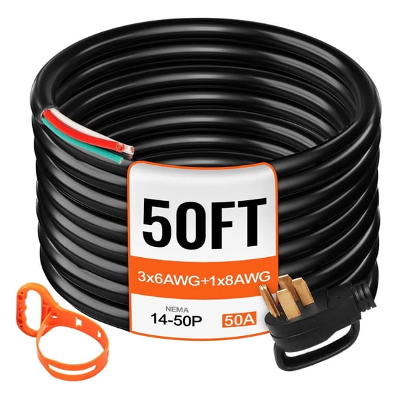 50A RV Power Cord 50ft NEMA 14-50P to Bare Wire, 6/3 8/1 AWG STW Generator Cord, 12500W Heavy Duty Extension Cable for RV Camping & Emergency Power