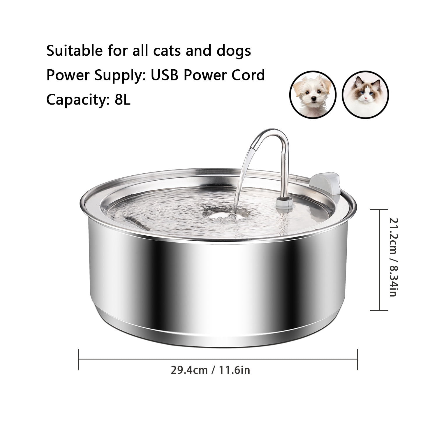 Petavista Stainless Steel Dog Water Fountain,8L/135oz Cat Water Bowl Dispenser for Large Dogs Cats