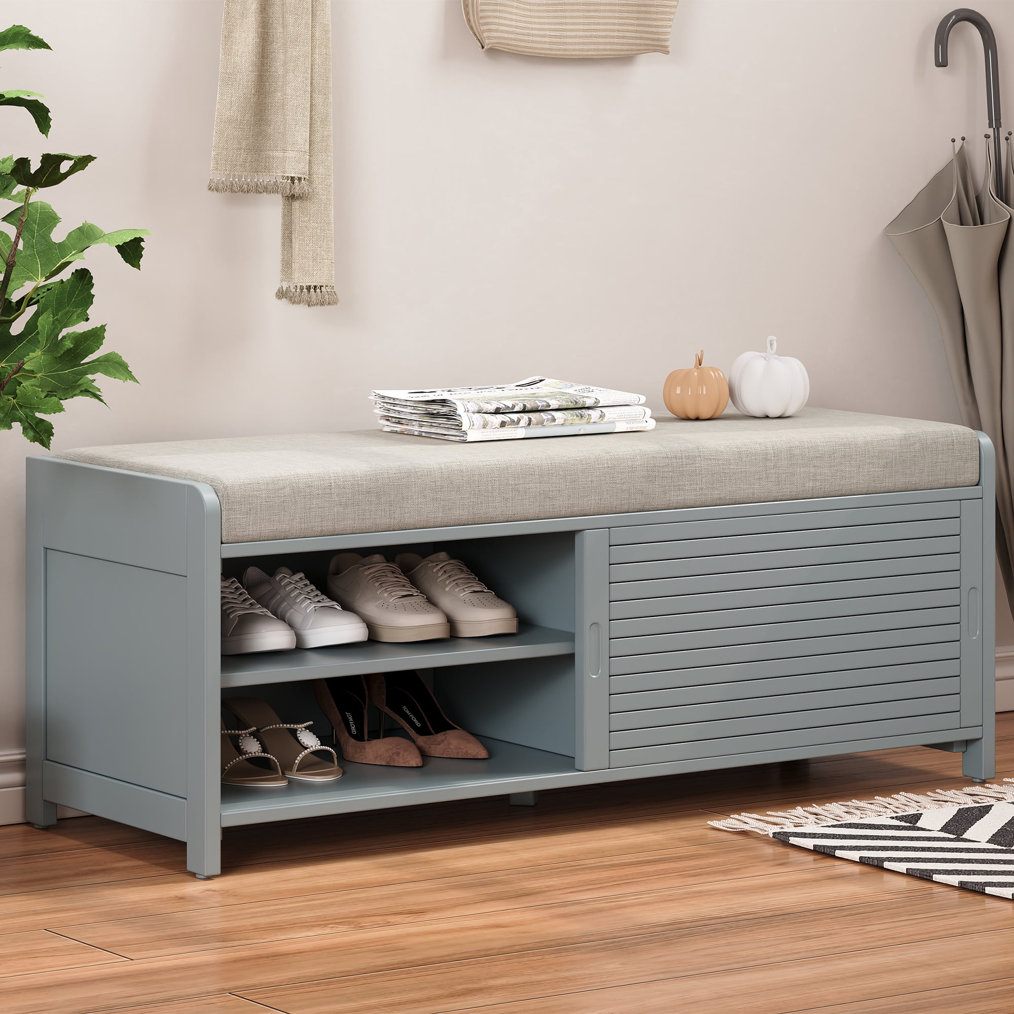 Euroco Shoe Bench with Storage and Cushion, Distressed Shutter Storage Bench with Retro Charm for Living Room, Entryway (Grey)