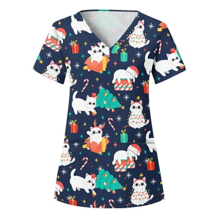 

qucoqpe Women s Christmas Costume V-Neck Short Sleeve Nursing Uniform Xmas Tree Santa Snowman Deer Printed Workwear Holiday Graphic Tees Blouse Scrub Tops with Pockets Christmas Gifts on Clearance