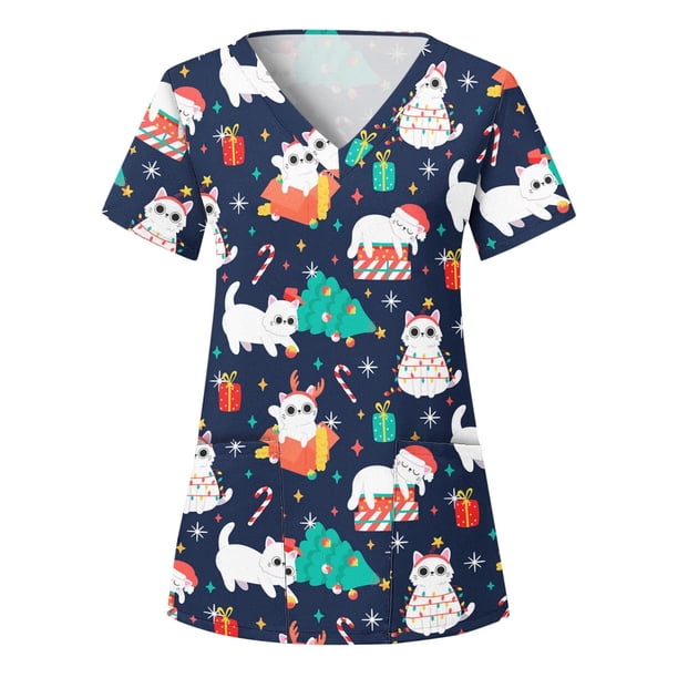 Tops Para Mujer, Blusa Navideña, Camisas de Moda, Manga Corta, Cuello en V, Uniforme de Trabajo, Estampado Con Bolsillo Odeerbi ODB170906