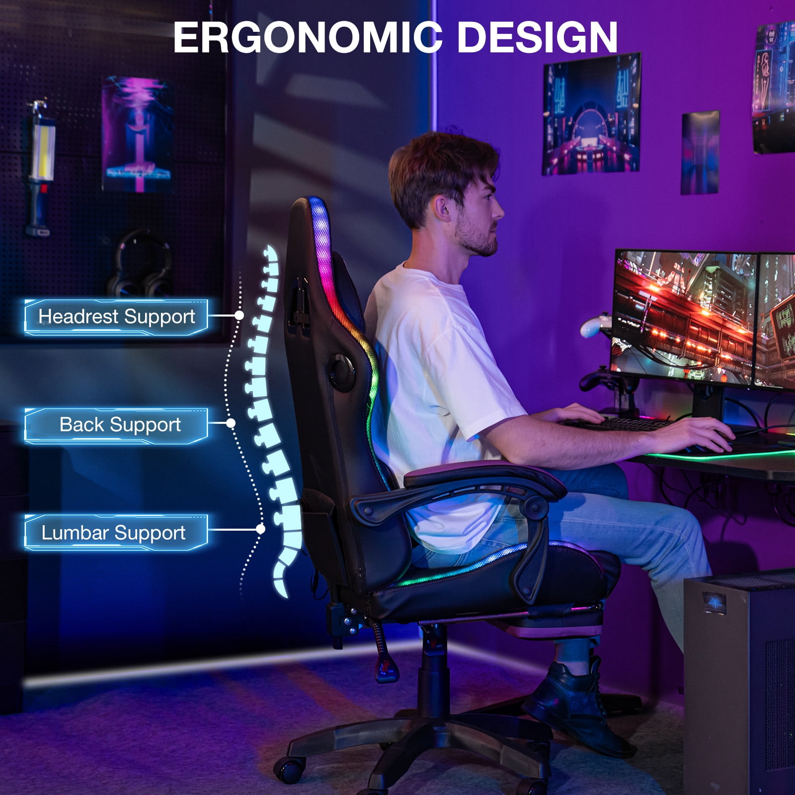 Hoffree Gaming Chair with Speakers Big and Tall Office Chair with Footrest Heavy Duty Gamer Chair with Lumbar Support Height Adjustable 360-Swivel Seat and Headrest for Adults, 400lbs