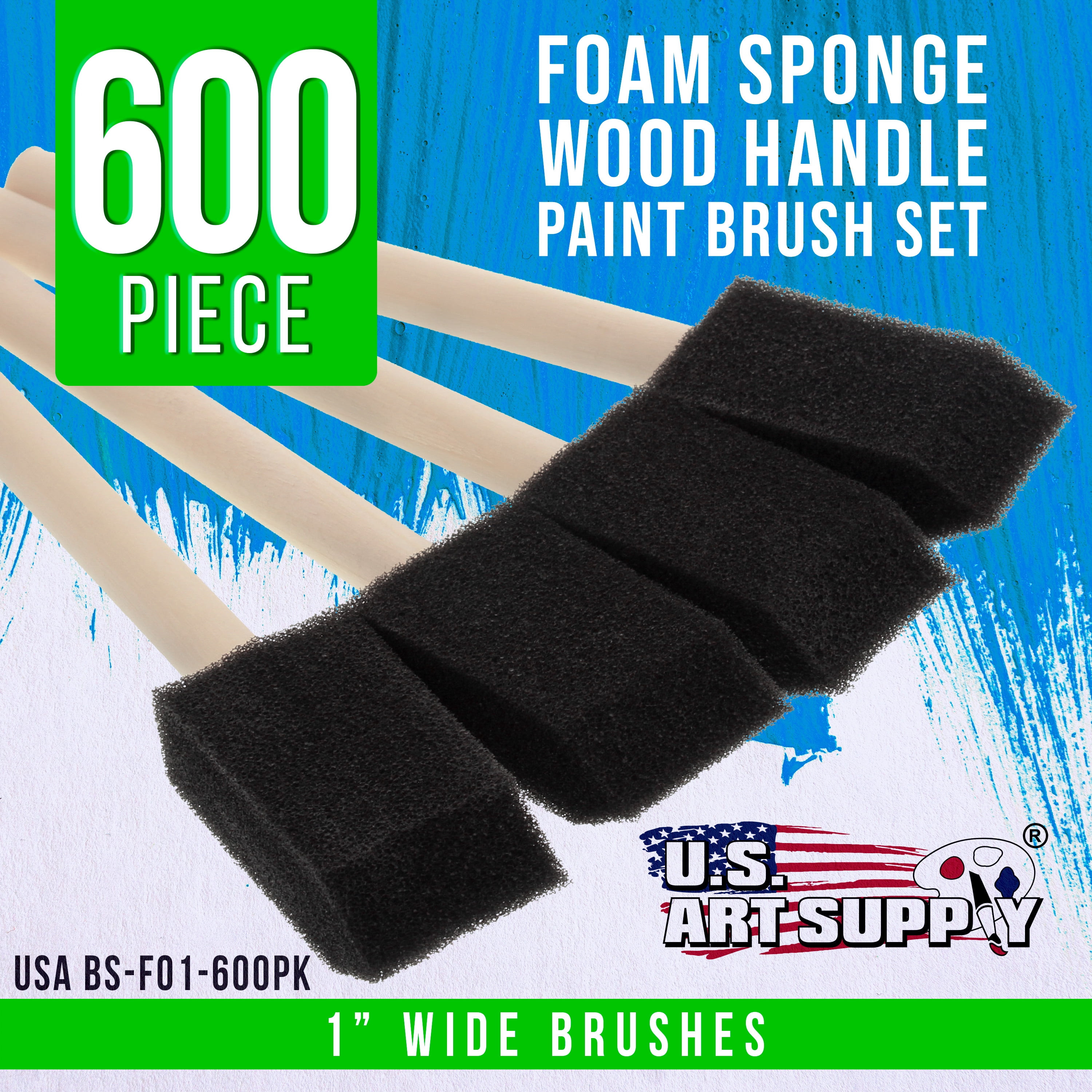 U.S. Art Supply 1 inch Foam Sponge Wood Handle Paint Brush Set (Full Case of 600 Brushes) - Lightweight, Durable and Great