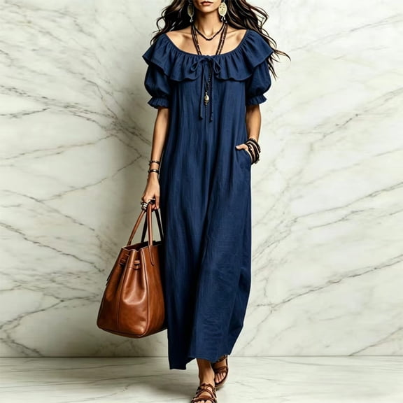 Morttic Women's Solid Color Ruffled Puff Sleeve Midi Dress – Drawstring Front Loose Fit Pocket Casual Bohemian Vacation Navy Blue,S