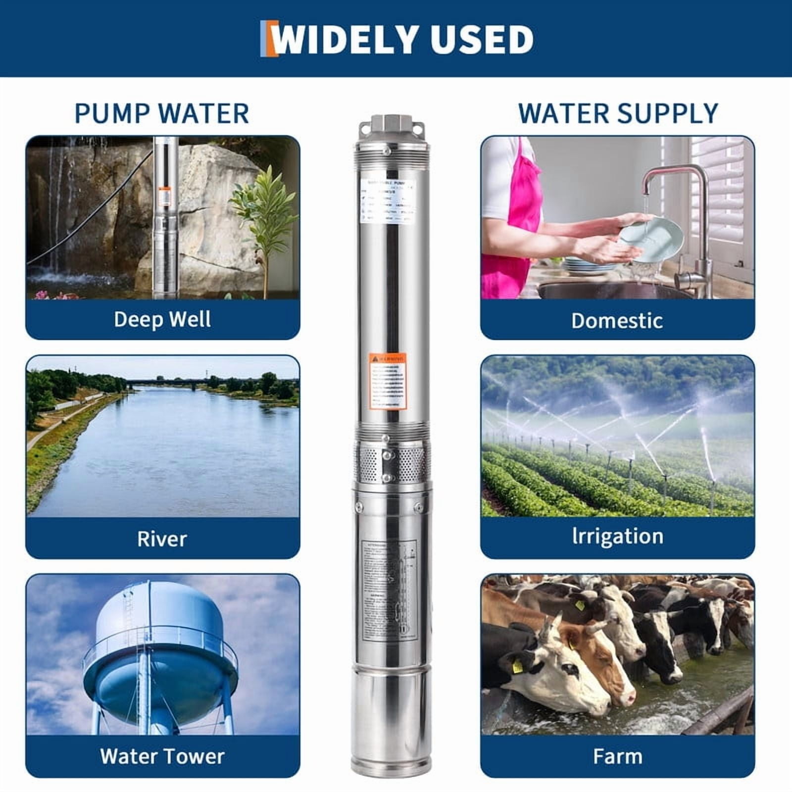 Towallmark 1HP 230V Deep Well Submersible Pump, 27GPM 204ft Head Stainless Steel Water Pump, 4" Well Pump with 33ft Cord Check Valve, IP68 Waterproof for Home Irrigation Industrial Use
