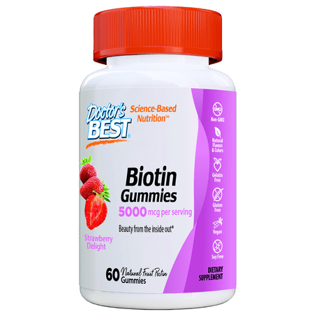 Doctor's Best Biotin, 5000mcg per Serving, 60 Chewable Strawberry Flavored Beauty for Healthy Hair, Skin & Nails, Non-GMO, Natural Fruit Pectin,