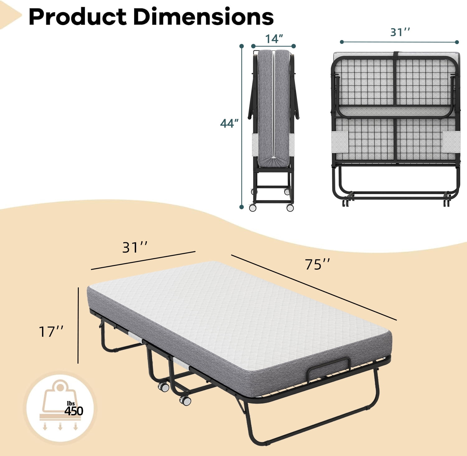 Folding Bed with 5 Inch Foam Mattress, Cot 75" x 31" Rollaway Bed for Guests, Portable Bed with Lockable Wheels, Easy Assembly & Moving