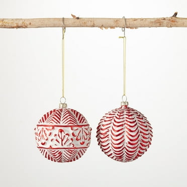Red Embossed Ball Ornament Multicolor 4"H Glass Set of 2
