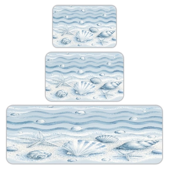 RKSupls Kitchen Rug Set 3 Piece Anti-Slip Flannel Floor Mats, Underwater Shells Watercolor Washable Absorbent Runner Mats for Kitchen Bathroom Home Decor
