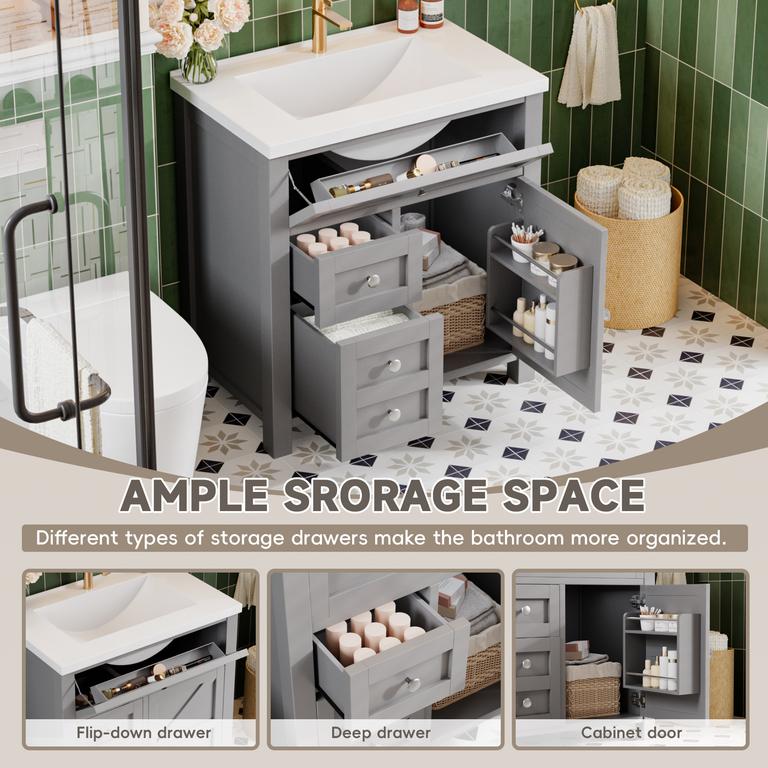 Lacoo 30'' Bathroom Vanity with Resin Sink, Wood Bathroom Storage Cabinet with Drawers and Shelves for Bathroom, Gray