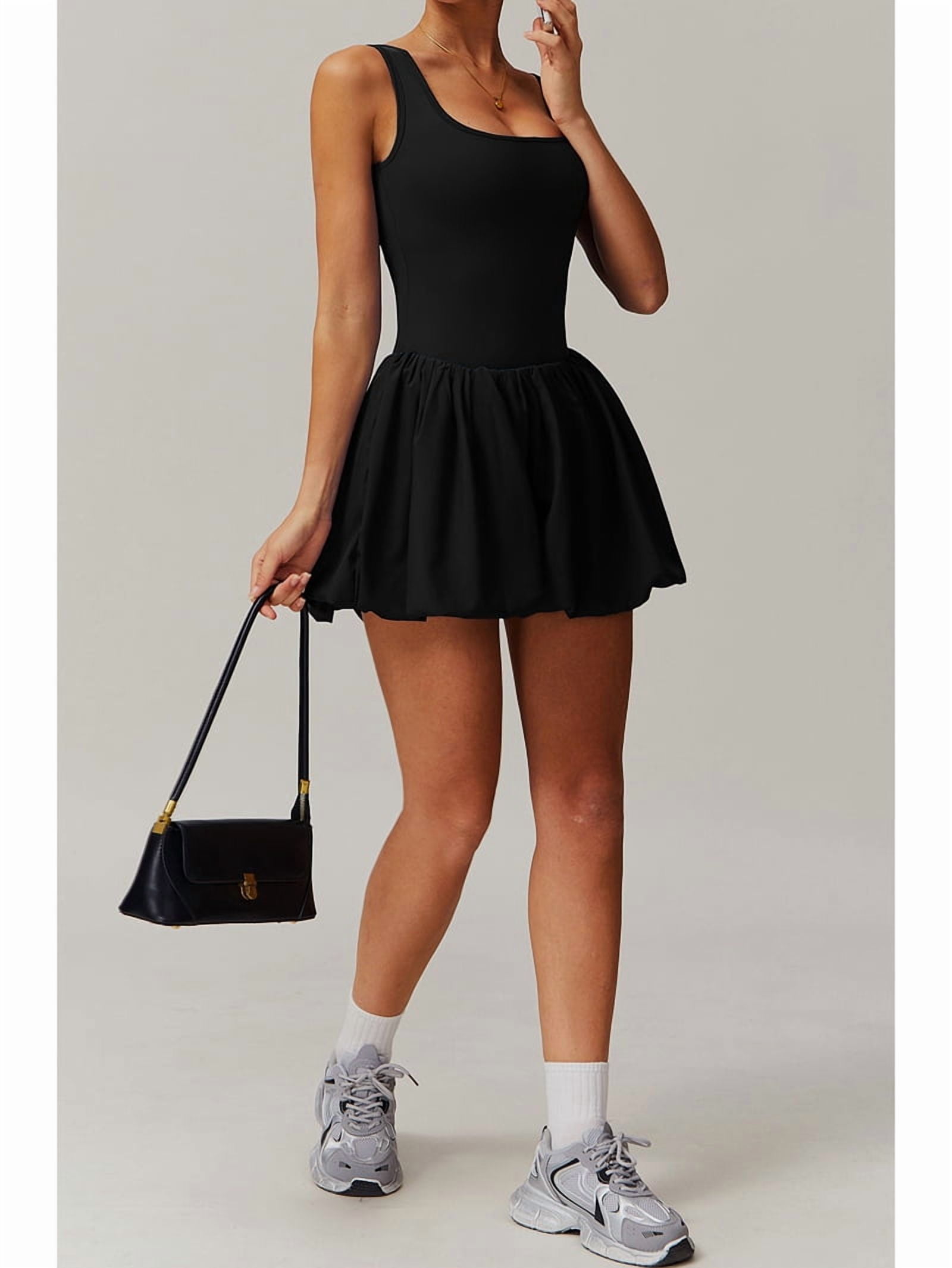 Womens Bubble Tennis Dress Squre Neck Sleeveless Workout Golf Athletic Dresses Build in Shorts with Pockets