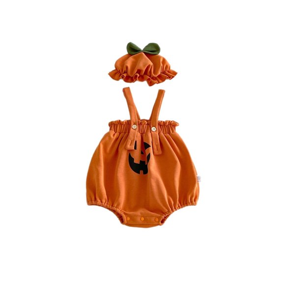 Newborn Boy Summer Outfits Pumpkin Print Halloween Suspender Bodysuit With Hat For Babies Fashionable Kids Boys Clothing Set Size 3-6 Months