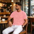 thumbnail image 4 of Men's Short Sleeve T-Shirt Crew Neck Casual Tops Solid Color Basic Plain Summer Loose Fit Shirts Pink M, 4 of 4