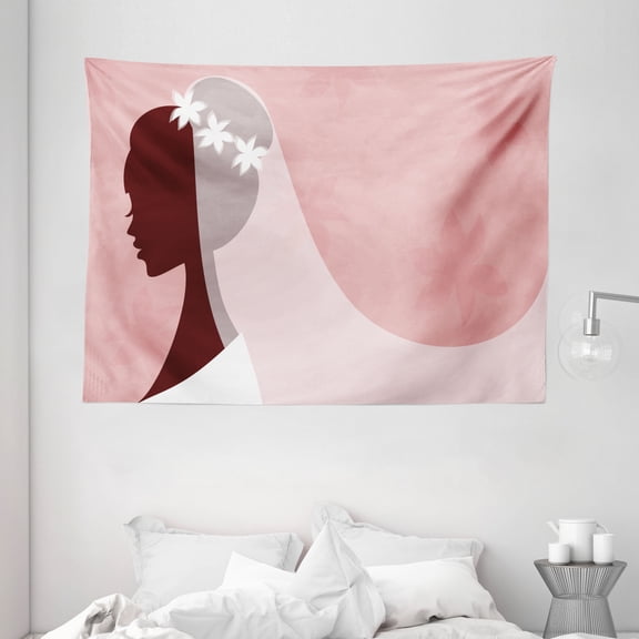 Bridal Shower Decorations Tapestry, Bride in Wedding Dress on Pink Backdrop with Veil Image, Wall Hanging for Bedroom Living Room Dorm Decor, 80W X 60L Inches, Light Pink and White, by Ambesonne