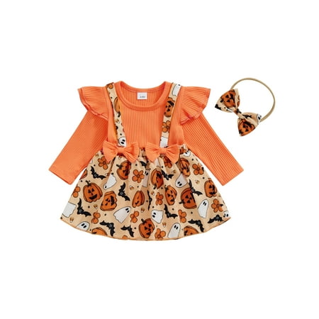 

Calsunbaby Baby Girl Halloween Outfit Pumpkin Ghost Print Romper Headband