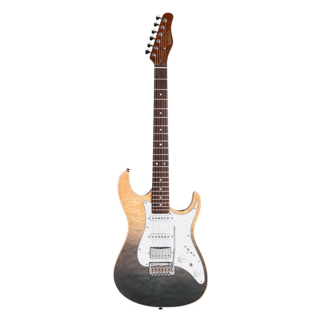 guitarra eléctrica babilon con case serie unique leggend-gr gris 40x9.5x106.5 Guitarra eléctrica frontal con cuerpo de caoba y acabado brillante gris degradado; mástil perfil C atornillado, diapasón de palo de rosa, 22 trastes y cejuela de hueso 43 mm. Pastillas single en mástil e intermedia y humbucker en puente, 1 volumen, 1 tono y mini interruptor de 5 vías; incluye case de madera. Ideal para presentaciones, estudio y ensayos; también se usa frecuentemente en home studio por su versatilidad.
