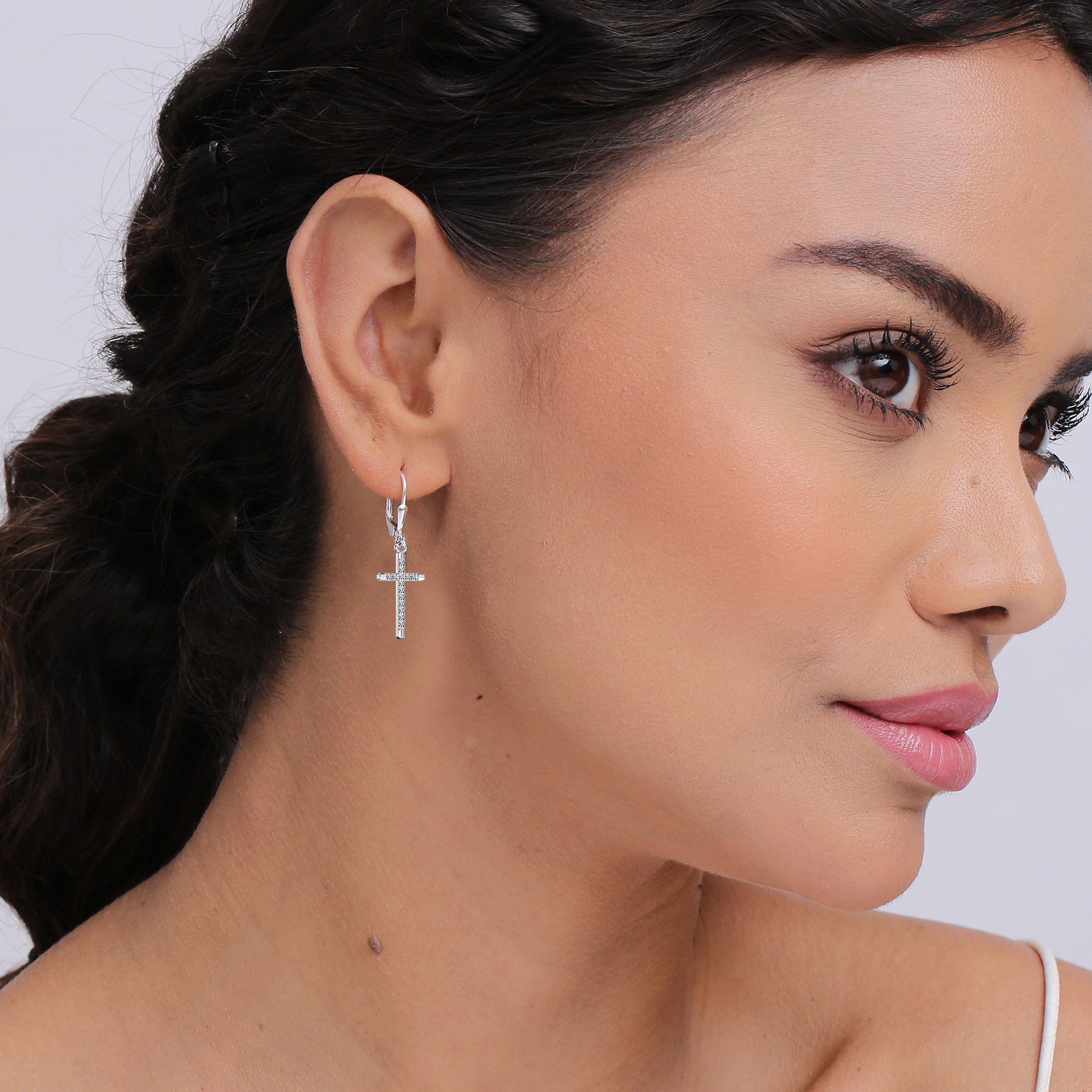 LeCalla Sterling Silver CZ Cross Micro Pave Leverback Drop Dangle Earrings, 33mm (Women's)