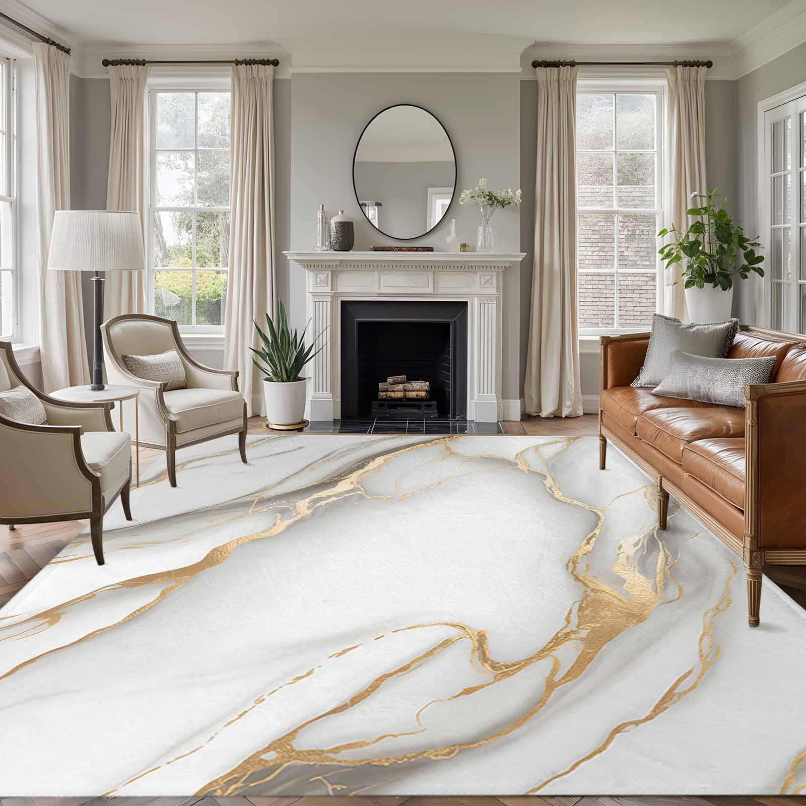 8x10 Area Rugs for Living Room, White Golden Marble Non Slip Area Rugs for Kitchen Bedroom Entryway, Modern Abstract Art Marble Flow Washable Carpet Runner Rug Floor Mats for Bedroom Home Decor